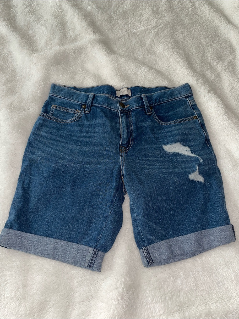LOFT Medium Blue Rolled Cuff Distressed Denim Shorts